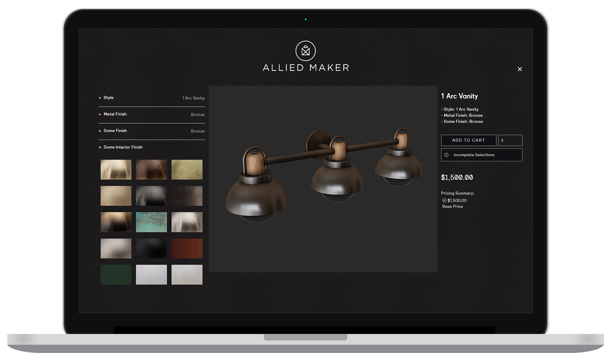 Bild eines Notebooks. Auf dem Bildschirm sieht man den 3D Konfigurator der Firma Allied Maker. Allied Maker ist eine erfolgreiche E-Commerce Edellampen Manufaktur aus New York. Allied Maker ist ein 3D Konfigurator Kunde der Firma VisCircle GmbH.